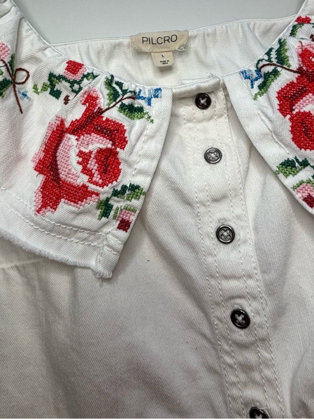 Anthropologie Pilcro Embroidered Blouse L Ivory Floral Boho Romantic Cottagecore - Picture 7 of 12